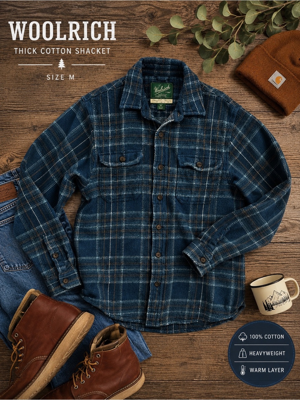 Woolrich Green Label 100% Cotton Blue Plaid Shacket Overshirt size M